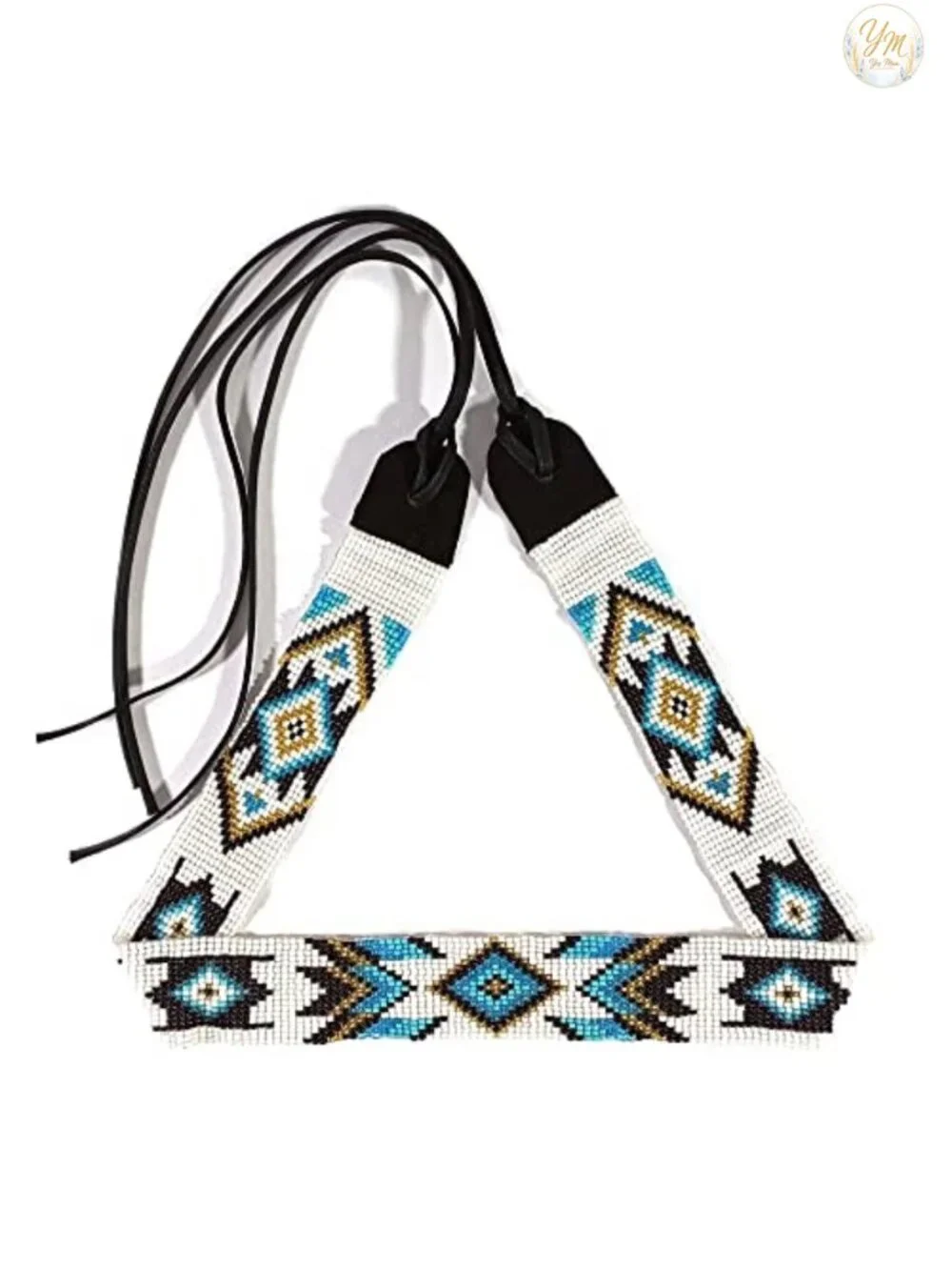 Hand Beaded Hatband Native American Style Leather Headband Adjustable Ties